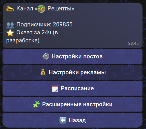 Кнопка «Настройки рекламы» в карточке канала