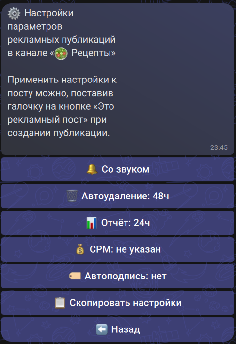 Параметры рекламных публикаций